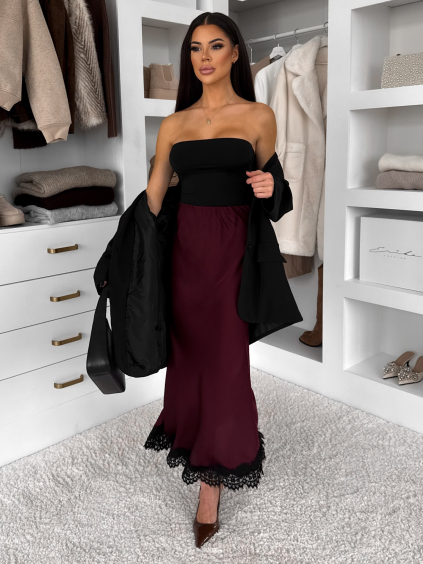 Bordó elegantní saténová midi sukně SKAYA