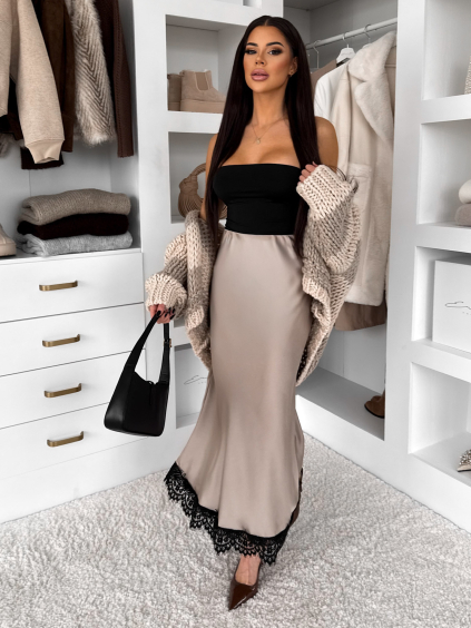 Béžová elegantní saténová midi sukně SKAYA