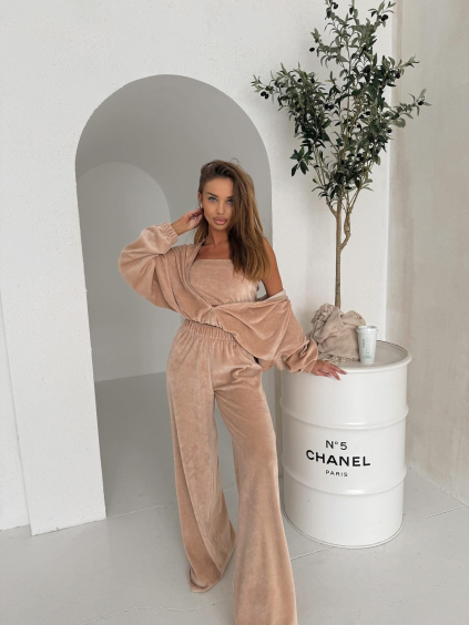 Béžová stylová semišová tepláková souprava BEAUN s topem