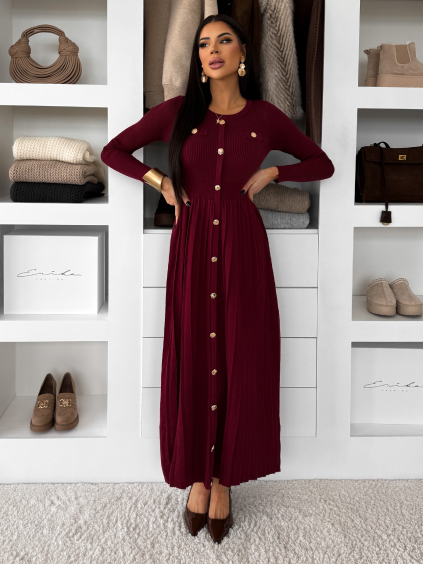Vínové dlouhé svetrové šaty TYMORAE s dlouhým rukávem