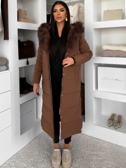 Hnědý dlouhý zimní kabát bunda LUMIYA
