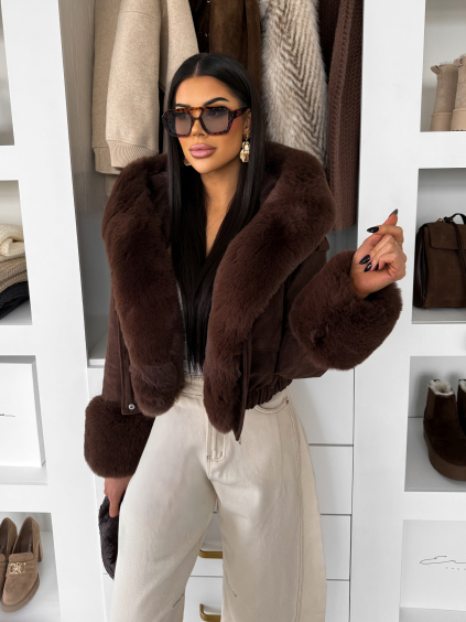 Tmavě hnědá stylová krátká bunda HEXUMI s kožíškem