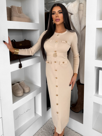 Krémové dlouhé šaty CRESTILO s dlouhým rukávem