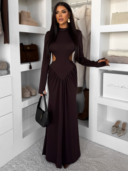 Tmavě hnědé dlouhé společenské šaty EVANIE s průstřihy