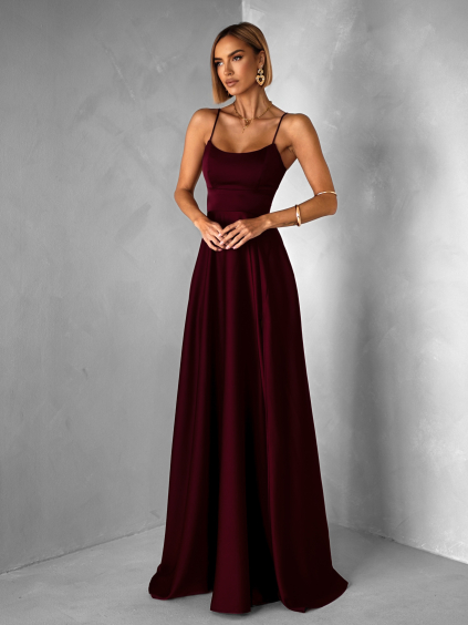 Vínové dlouhé plesové šaty CELLINES se šněrováním a rozparkem