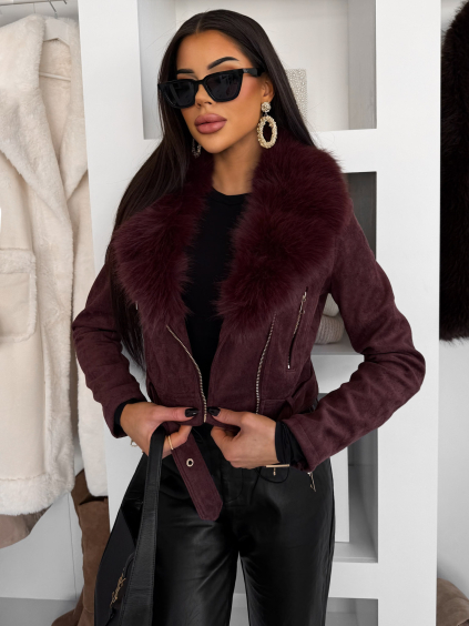 Vínová semišová krátká bunda LORXINA s kožíškem
