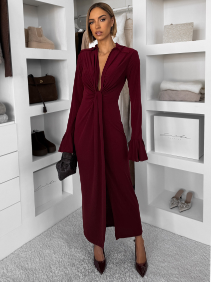 Vínové dlouhé společenské šaty OSTIVEN s výstřihem