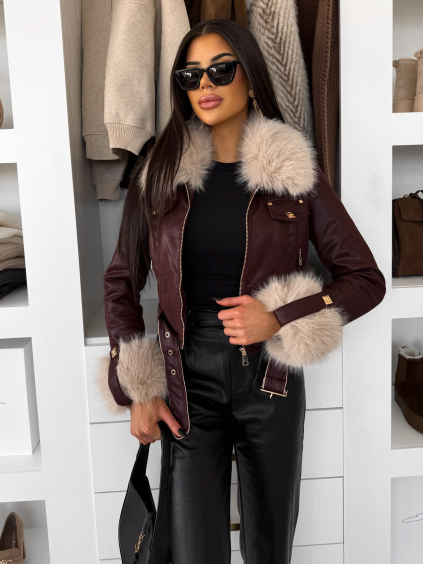 Vínová krátká biker bunda EMBRILA s kožešinkou