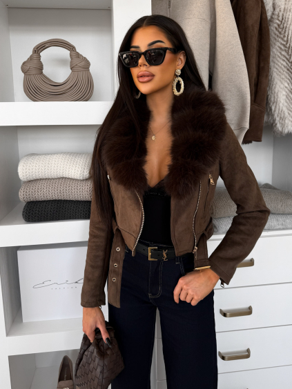 Hnědá semišová biker bunda LORXINA s kožešinkou