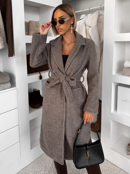Šedý dlouhý elegantní kabát CAMNIRA s páskem