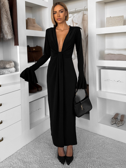 Černé dlouhé šaty OSTIVEN s hlubovým výstřihem