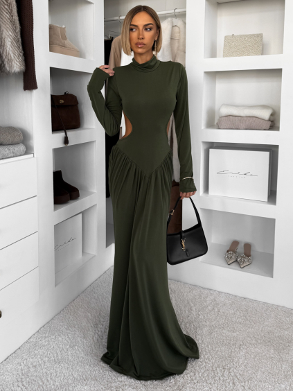 Khaki společenské dlouhé šaty EVANIE s průstřihy