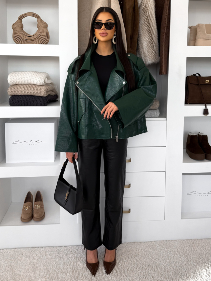 Smaragdová koženková biker oversize bunda DRAVINO