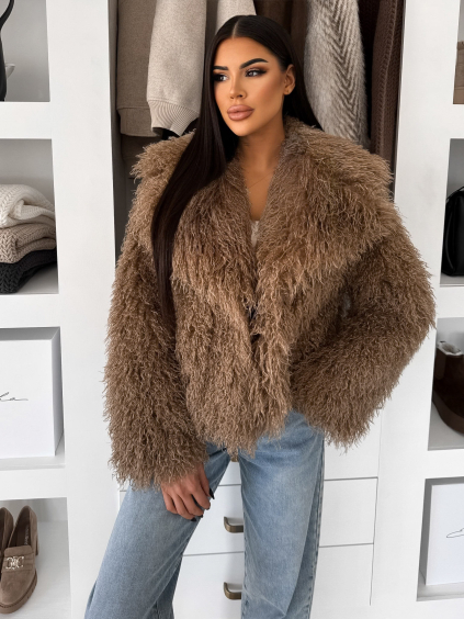 Hnědý kožešinový vlnitý  faux fur kabátek FURLA