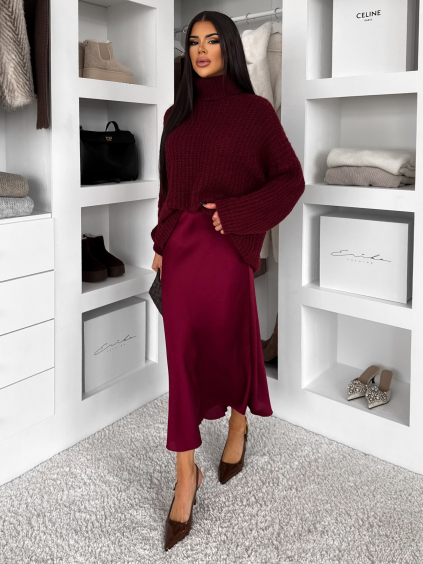 Vínová saténová dlouhá sukně VORNIKA