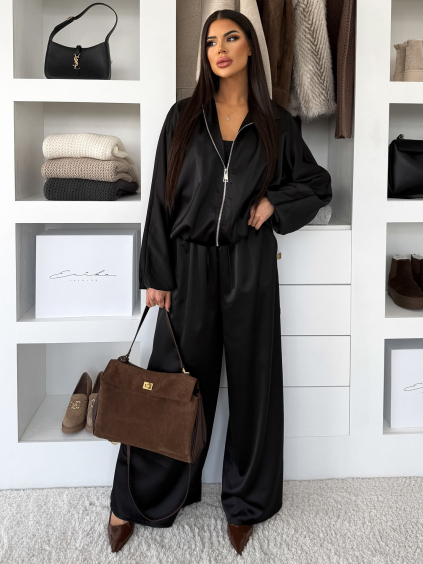 Černý saténový stylový kalhotový komplet TRENIVA