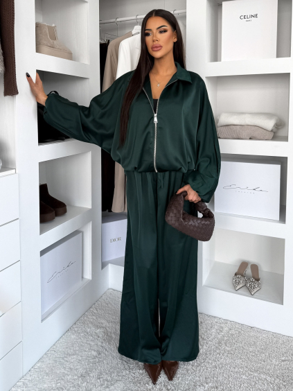 Smaragdový saténový kalhotový komplet TRENIVA