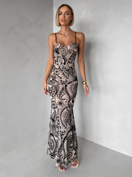 Béžové dlouhé společenské šaty AVENZIA na ramínka