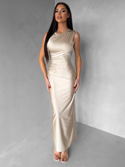 Béžové společenské dlouhé šaty DRAVELY s řasením