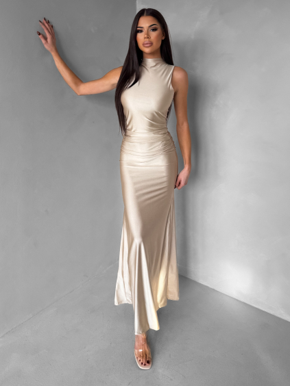 Béžové dlouhé společenské šaty LETERA s řasením