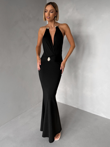 Černé společenské dlouhé šaty ARKENY s ozdobou