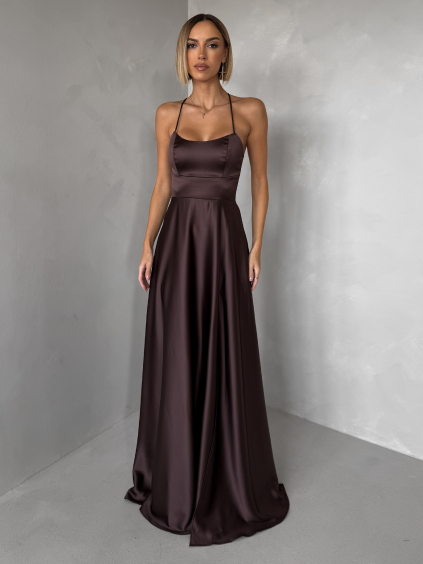 Hnědé dlouhé plesové společenské šaty CELLINES se šněrováním a rozparkem