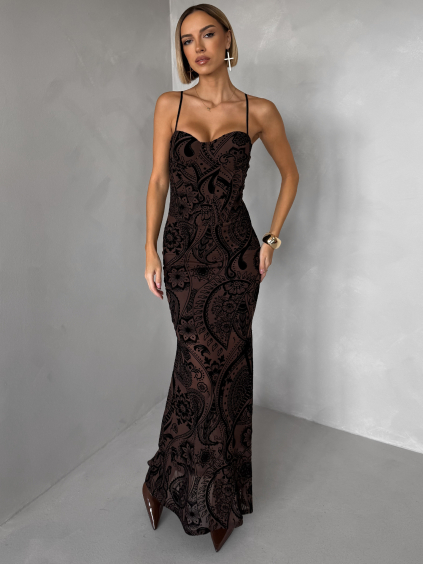 Hnědé dlouhé společenské šaty AVENZIA na ramínka