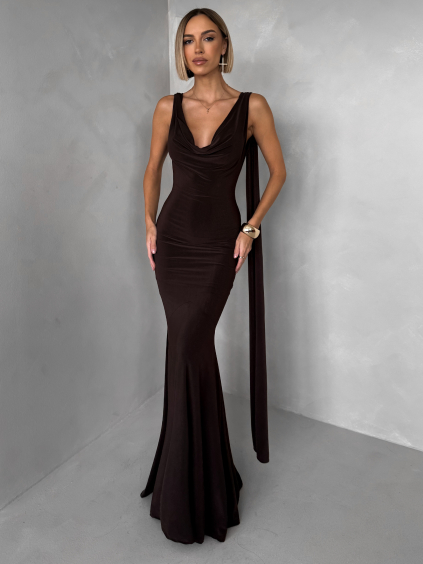 Hnědé společenské dlouhé vázací šaty RAVILETA s vlečkou