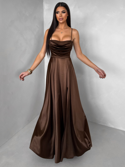 Hnědé saténové dlouhé společenské šaty LUNOREX