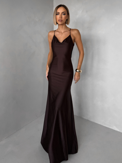 Hnědé společenské jednoduché dlouhé šaty CARMIYA