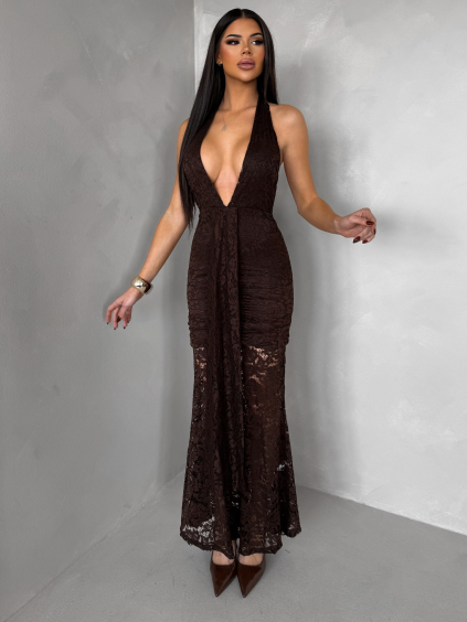 Hnědé společenské dlouhé krajkové vázací šaty ZERULON