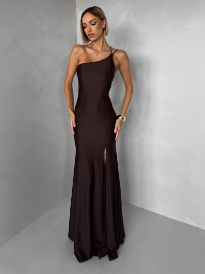 Hnědé společenské dlouhé šaty GAREVIA s rozparkem