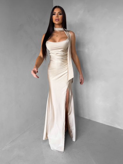 Krémové společenské dlouhé šaty BELUNA