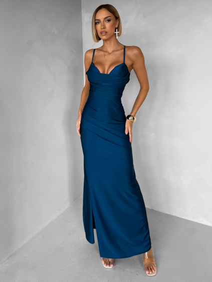 Petrolejová dlouhé saténové společenské šaty ORIXY s výstřihem