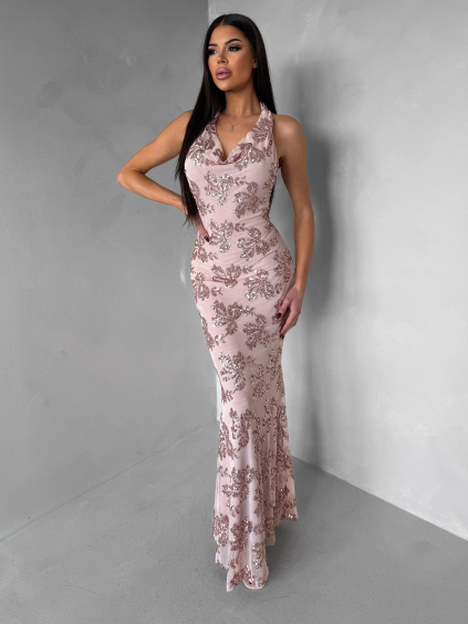 Růžové společenské dlouhé šaty HENTARI s flitry