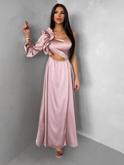Starorůžové dlouhé plesové saténové šaty ZAYVIX