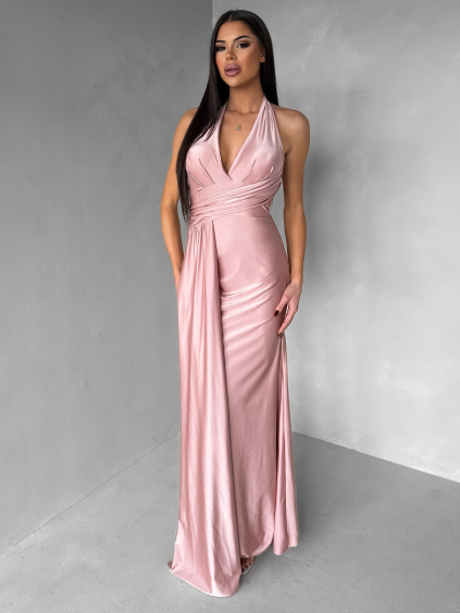 Starorůžové saténové dlouhé společenské šaty CELESTIA