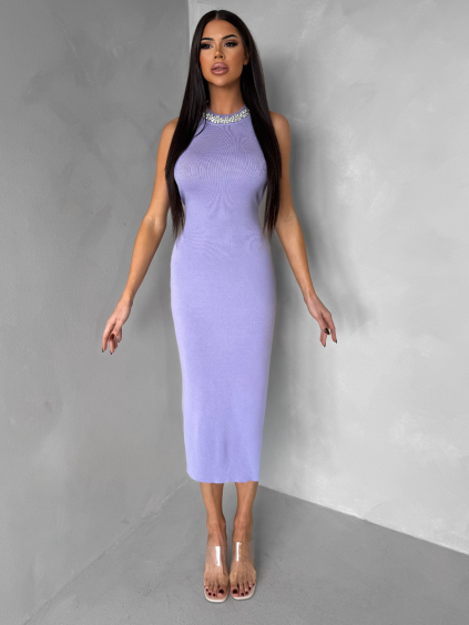 Světle fialové úpletové šaty KALANENI se zdobením u krku