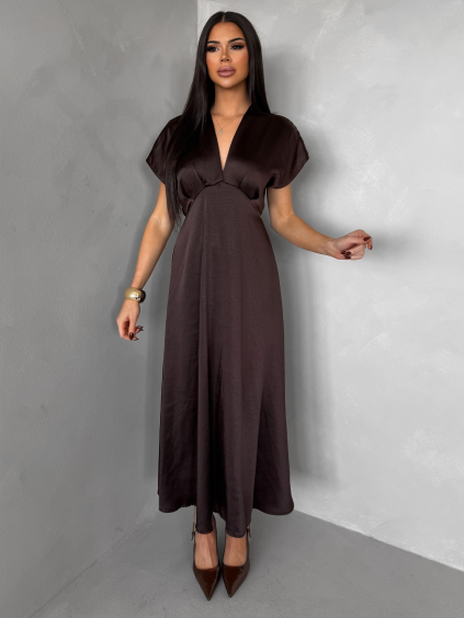 Tmavě hnědé elegantní společenské midi šaty OMNIS