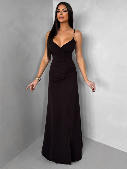 Tmavě hnědé společenské dlouhé šaty SANQULA