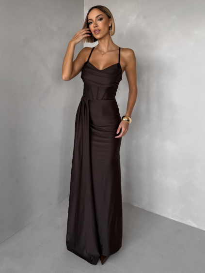 Tmavě hnědé společenské dlouhé šaty SATIN