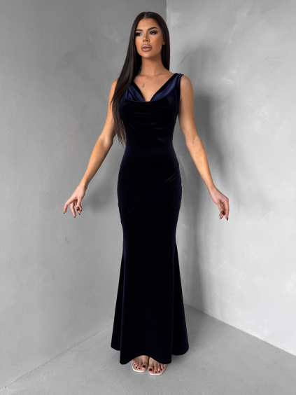 Tmavě modré sametové dlouhé společenské šaty DURAYA