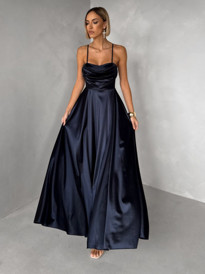 Tmavě modré saténové dlouhé společenské šaty LUNOREX