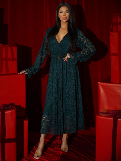 Smaragdové krajkové společenské midi šaty LIRONDE