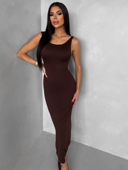 Hnědé přiléhavé midi šaty TREVY s odhalenými zády