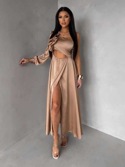 Zlaté dlouhé saténové společenské šaty ZAYVIX