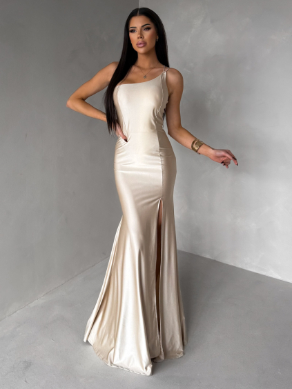 Béžové společenské dlouhé šaty GAREVIA s rozparkem