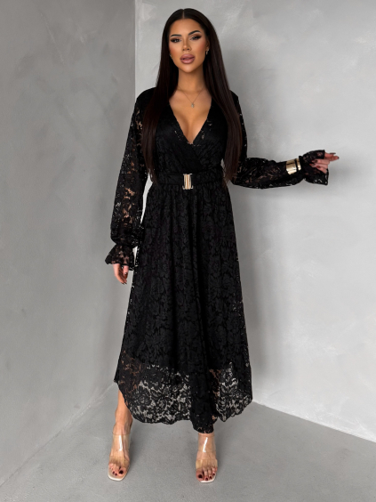 Černé krajkové společenské midi šaty LIRONDE