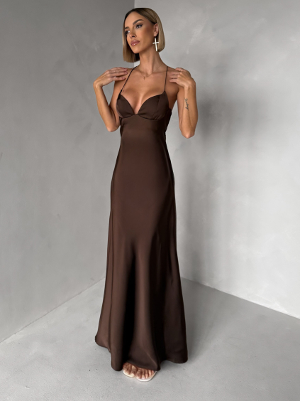 Tmavě hnědé společenské saténové dlouhé šaty ZUNDARA