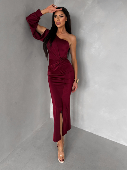 Vínové společenské šaty DUFOUR na jedno rameno
